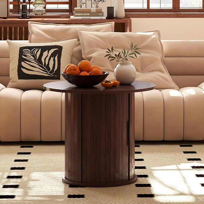 COSVALVE Round Wood Coffee Table 23.6IN with Hidden Storage & Sliding Door, Circle Farmhouse Side Table Sets for Living Room, Bedroom, Balcony, Small Spaces, Walnut