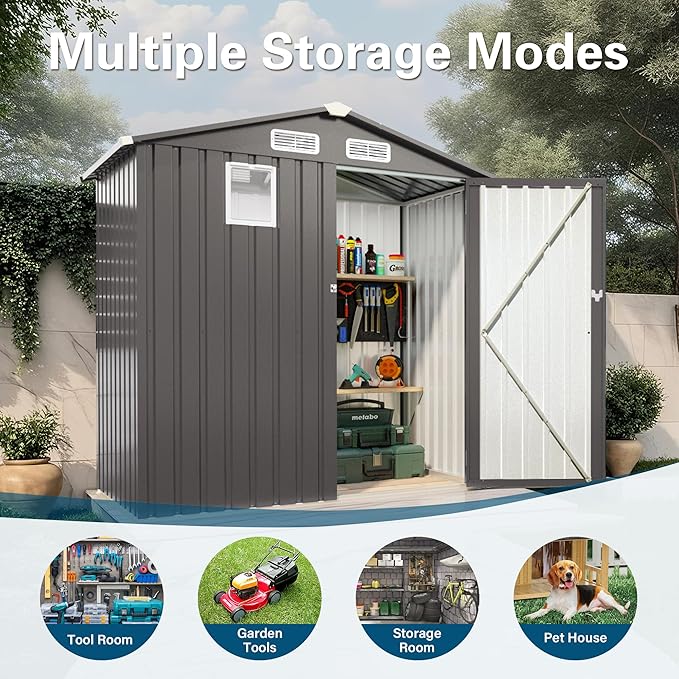 6x3.5 FT Outdoor Storage Shed, Small Metal Garden Shed with Window, Outside Tool Sheds with Lockable Hinged Doors, Waterproof Storage Building with 4 Air Vents for Backyard, Patio, Lawn, Gray