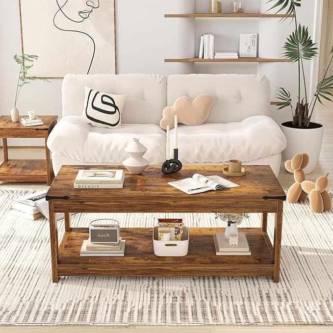 Homieasy Coffee Table with Storage Shelf, 43.3” Farmhouse Wood Coffee Tables for Living Room, Modern Center Tea Table, Rustic Brown