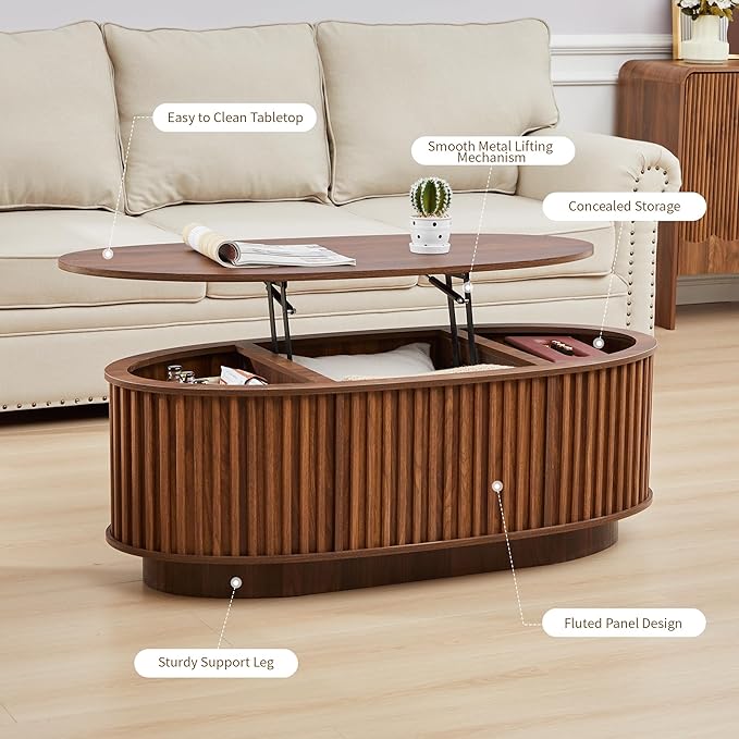 Oval Lift Top Coffee Table, 43.3'' Fluted Coffee Table with Hidden Storage Compartment, Mid Century Modern Dining Table Wooden Center Table for Living Room, Office, Small Spaces (Walnut)