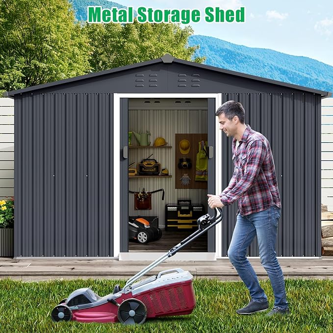 10X12 Ft Outdoor Metal Storage Shed with Roof, Weatherproof Steel Tool Shed with Lockable Door for Lawn Mower, Bike & Garden Equipment Storage