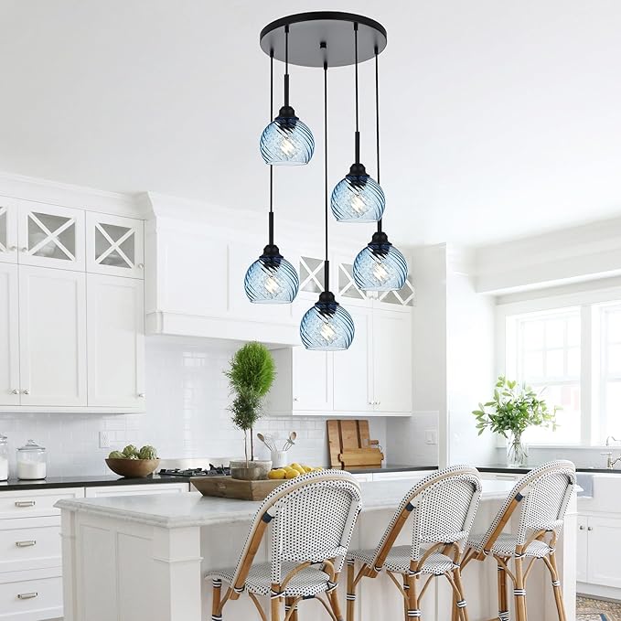 5 Light Cluster Pendant Lighting with Striped Swirl Globe Glass Blue Pendant Light for Kitchen Island, Modern Dining Room Light Fixtures Over Table Hanging Ceiling Light, E26 Base