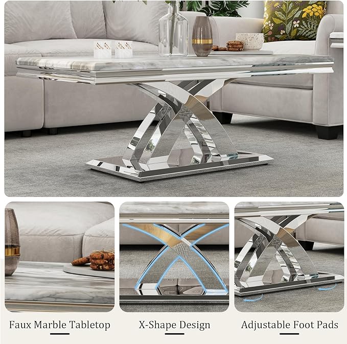 AUZ 2 Pieces Silver Living Room Table Set, Coffee Table and Console Table with X-Shape Design Polished Stainless Steel Frame