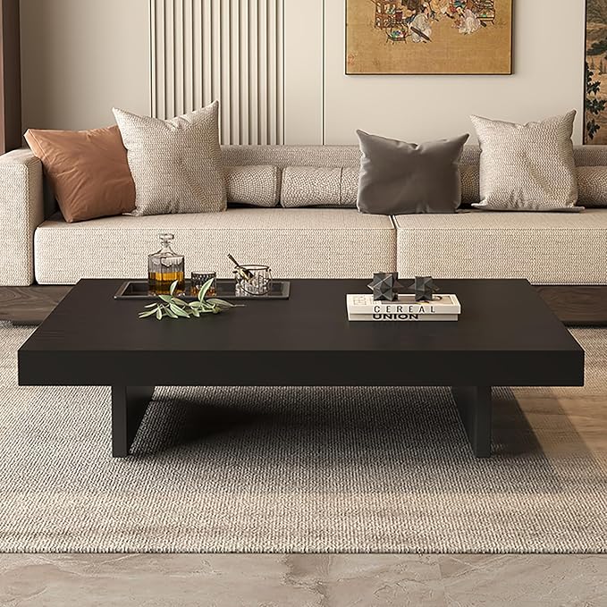 Modern Square Coffee Table for Living Room, Low Profile Wood Center Table with 2" Thick Tabletop & Optional Storage Tray, Sturdy Minimalist Design (31.5"/39.4" Black/Walnut)