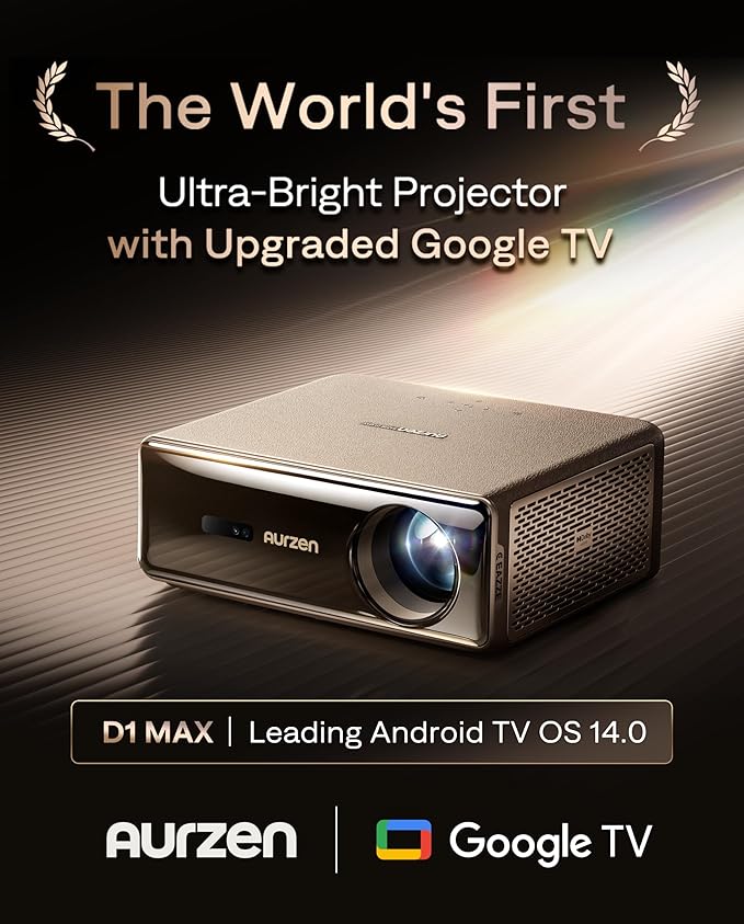 Aurzen EAZZE D1 MAX Christmas Google TV Smart Projector 4K Supported, Ultra-Bright 1000 ANSI Lumens, MEMC Tech, Fully Automatics, 20W Dolby Audio, Home Theater Movie Projector with WiFi and Bluetooth