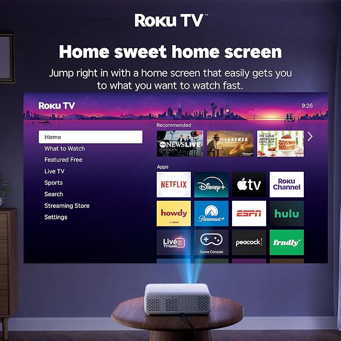 Aurzen Roku TV Smart Projector with Wifi and Bluetooth, Roku Streaming Experience Built-in, 1080P FHD, Dolby Audio, Auto Focus & Keystone, Zoom, Movie Portable Outdoor Mini Projector, Silver