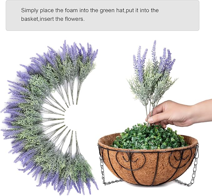 Artificial Hanging Flowers with Basket Fake Fall Lavender for Outdoor Decor, 12 Bundles Faux Purple Outside Decoration Realistic UV Resistant Plants for Porch Balcony Patio Garden Yard