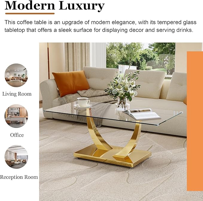 47" Glass Coffee Table, Modern Rectangular Center Table with Tempered Glass Top and Gold Horn-Shaped Stainless Steel Base for Apartment, Office