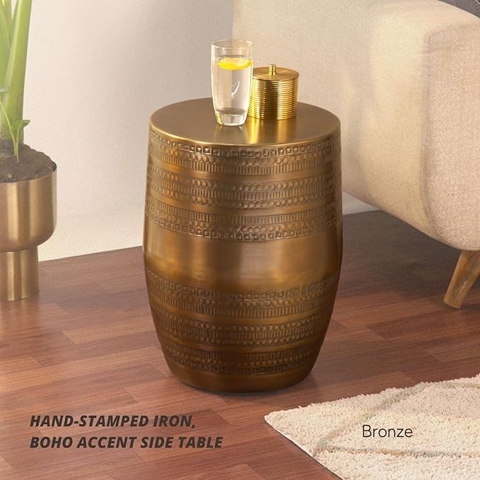 Modern Round Aluminum Hammered Embossed Texturing Metal Side Coffee Table, Hand-Stamped Iron, Boho Accent Side Table, Drum Shaped, for The Living Room and Bedroom, Brass