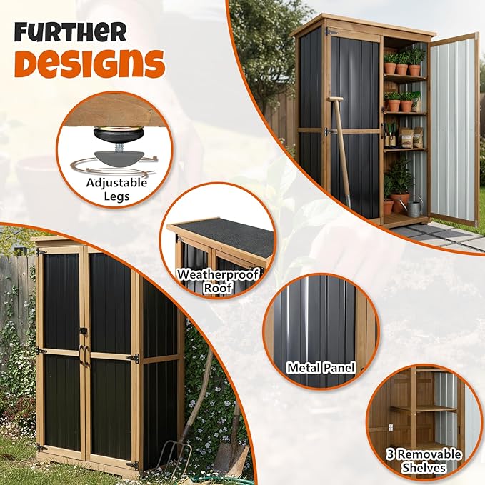 Outdoor Storage Cabinet with Shelves, Wood & Metal Storage Shed with Weatherproof Roof, 3 Removable Shelves, Lockable Doors, Adjustable Feet, Outside Storage Cabinet for Garage, Patio, Backyard