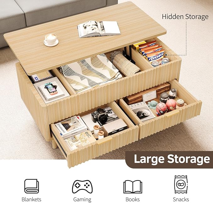 Fluted Lift Top Coffee Table- Wood Coffee Tables with Storage for Living Room, Mid Century Modern Square Large Center Table with Drawers & Hidden Compartment for Home Office, Reception