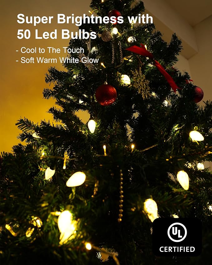 C7 Led Christmas String Lights, 25.16ft 50 LED Connectable Outdoor Indoor Decorative Light Strand, Warm White Xmas Holiday Lights for House, Christmas Tree, Patio, Party Decoration, UL Listed