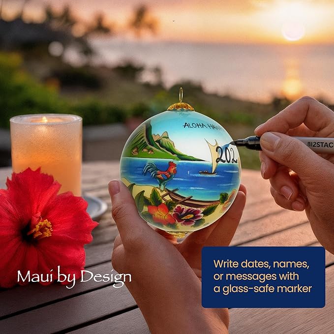 Scenic Hawaiian Ornament Collectible Hand-Painted Glass with Gift Box OTH/H