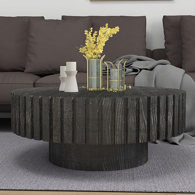WILLIAMSPACE 31.4" Round Coffee Table for Living Room, Modern Wood Drum Center Table, Accent Side Tea Table for Apartment, Natural Wood Texture, Stable & Durable, Easy to Assemble - Black