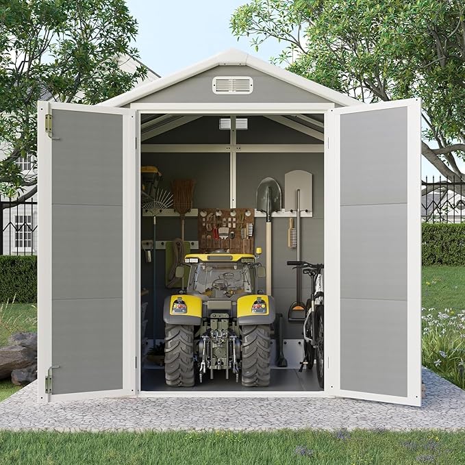 5.5 x 4.4 ft Resin Storage Shed with Floor, Outdoor Tool Shed with Window, Vents, and Stainless Steel Cores, for Pool Supplies/Lawn Mower/Bikes, Grey