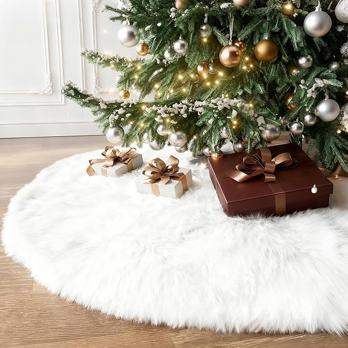 60 Inch Large Christmas Tree Skirt Faux Fur Snow White Plush Tree Mat Base Cover for Merry Christmas Party Holiday Home Indoor Xmas Tree Decorations