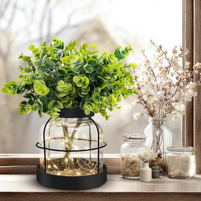 Rustic Farmhouse Glass Vases with Green Artificial Eucalyptus Plants & Lights Primitive Vintage Lantern Home Decor Centerpiece for Counter Coffee Table Shelf Office Dining Room Kitchen Bathroom,Black