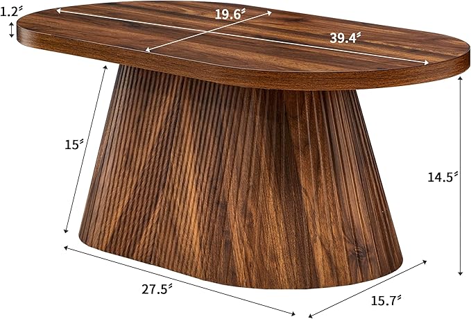 Fluted Coffee Table with Sturdy Tapered Base, Wood Oval Small Coffee Table, Mid Century Modern Center Table for Living Room Office (Walnut 1)