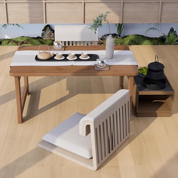Japanese Floor Table, Bamboo Folding Coffee Table, Portable Solid Wood Japanese Tatami Tea Table Table, No Assembly Japanese Dining Table for Sitting on The Floor, Easy Storage (Dark Walnut)