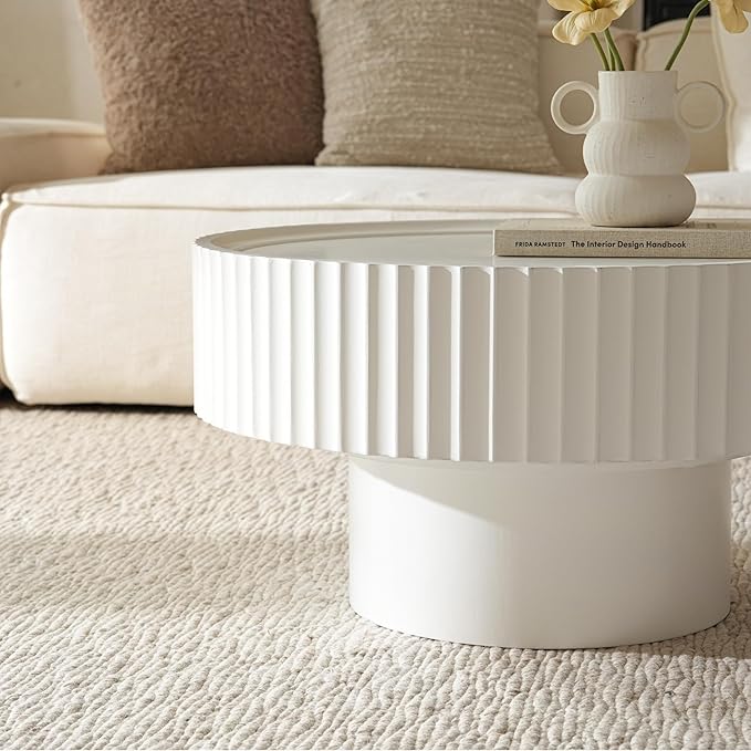 Round Coffee Table with Storage, 30.3” Fluted Drum Modern Living Room Table, Circle Wood White Center Tables, Mushroom Shape Coffee Tables for Living Room, Apartment(30.3''L×13.7''H)