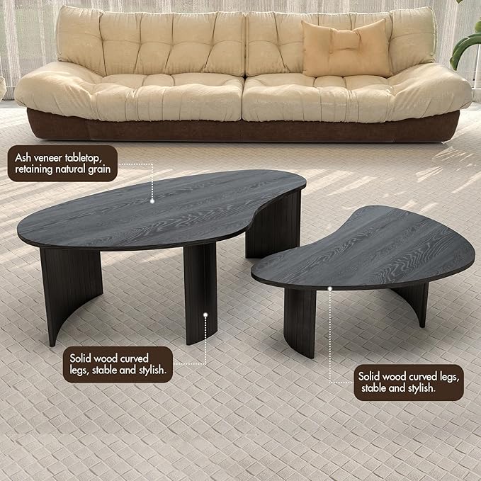 Black Coffee Table Set of 2, Nesting Coffee Tables with Wood Grain Veener, Simple Modern Cloud Shaped Center Table for Living Room