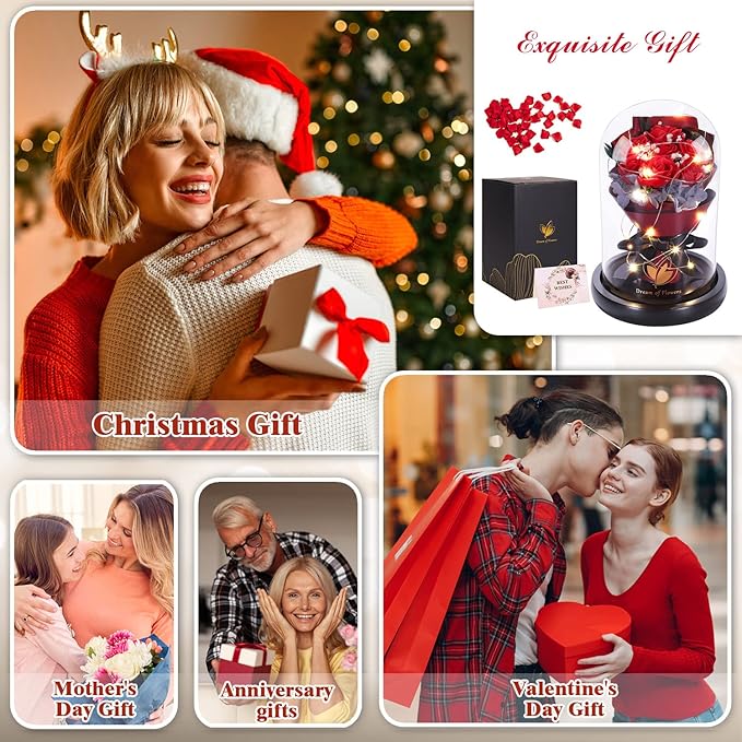 Christmas Rose Gifts for Women Birthday Gifts,Beauty and the Beast Rose in Glass Dome with 2 Light Modes, Enchanted rose Flower Roses Bouquets Christmas Women Gifts for Mom Wife Girlfriend Sister