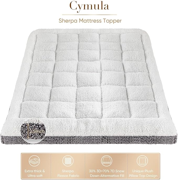 Cymula California King Mattress Topper, Sherpa Mattress Pad for Back Pain with 900GSM Down Extra Thick Cal King Mattress Cover Pillow Top with 8-21" Pockets, White