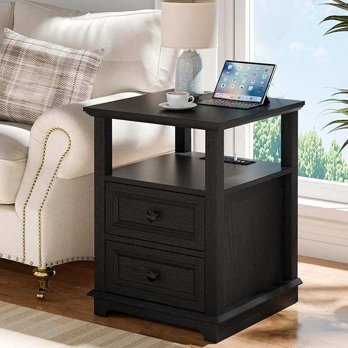 End Table with Fast USB C Charging Station,18" Wide Sofa Side Table with 2 Drawers, Large Storage Rustic Wood Square Storage Cabinet for Living Room, Bedroom, Office, Black