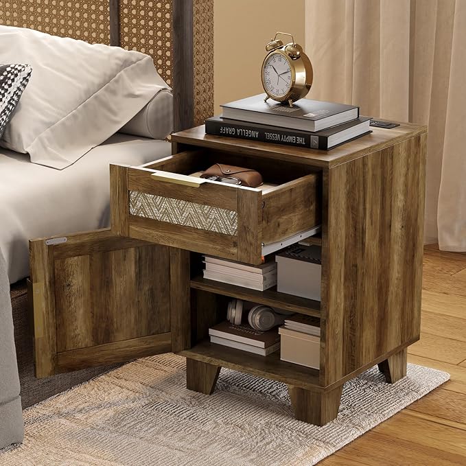 ONBRILL End Table with Storage & Charging Station, Farmhouse Wood Night Stand with Drawers, Adjustable Shelf, Bed Side Tables for Small Space, Living Room, Bedroom, Brown