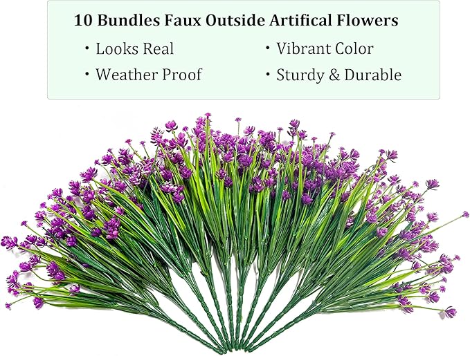 10 Bundles Outdoor Artificial Faux Flowers UV Resistant No Fade Fake Plastic Plants for Garden Artificial Plants Indoor Fuchsia