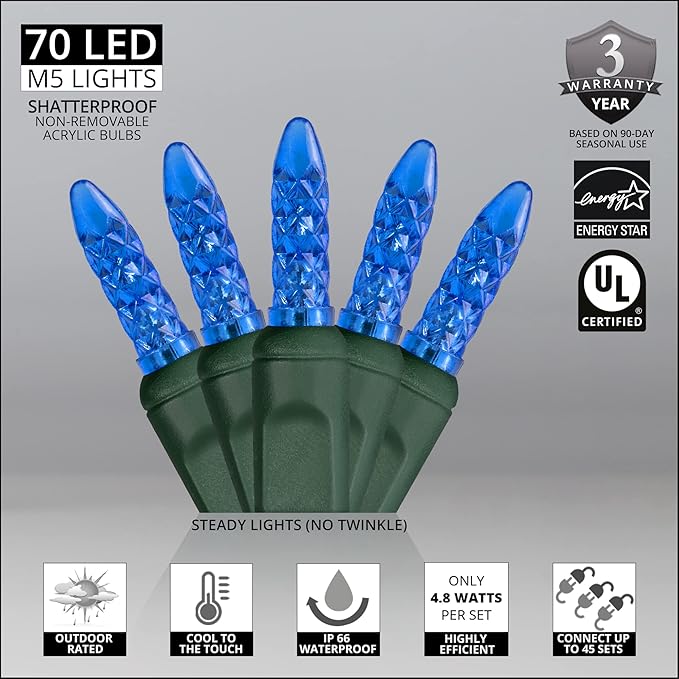 M5 LED Mini Ice Blue Prelamped Light Set, Green Wire - 70 M5 Blue LED Christmas Lights, 4" Spacing