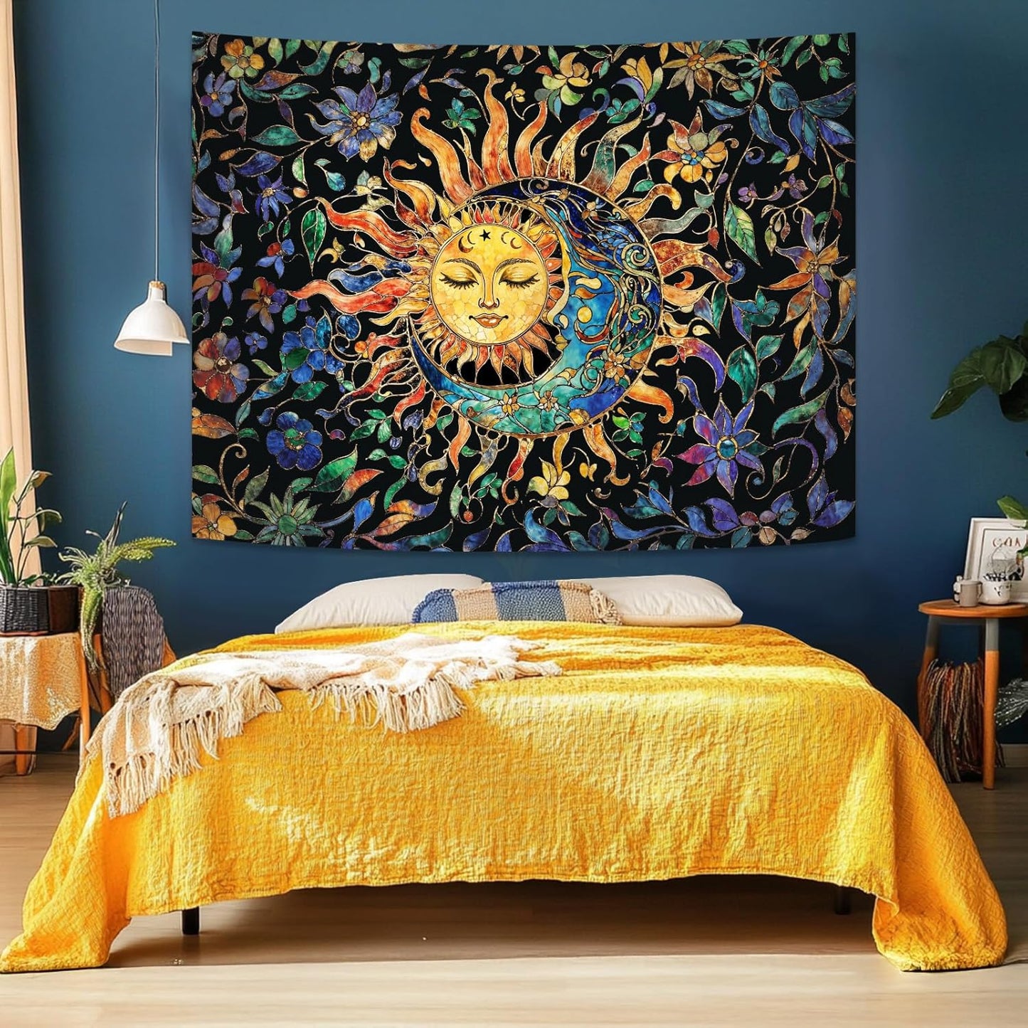 Aipon Sun and Moon Tapestry for Bedroom Boho Hippie Floral Wall Tapestry Aesthetic Vintage Stained Glass Plant Small Tapestries Wall Hanging for Living Room Dorm 60 x 44 Inch