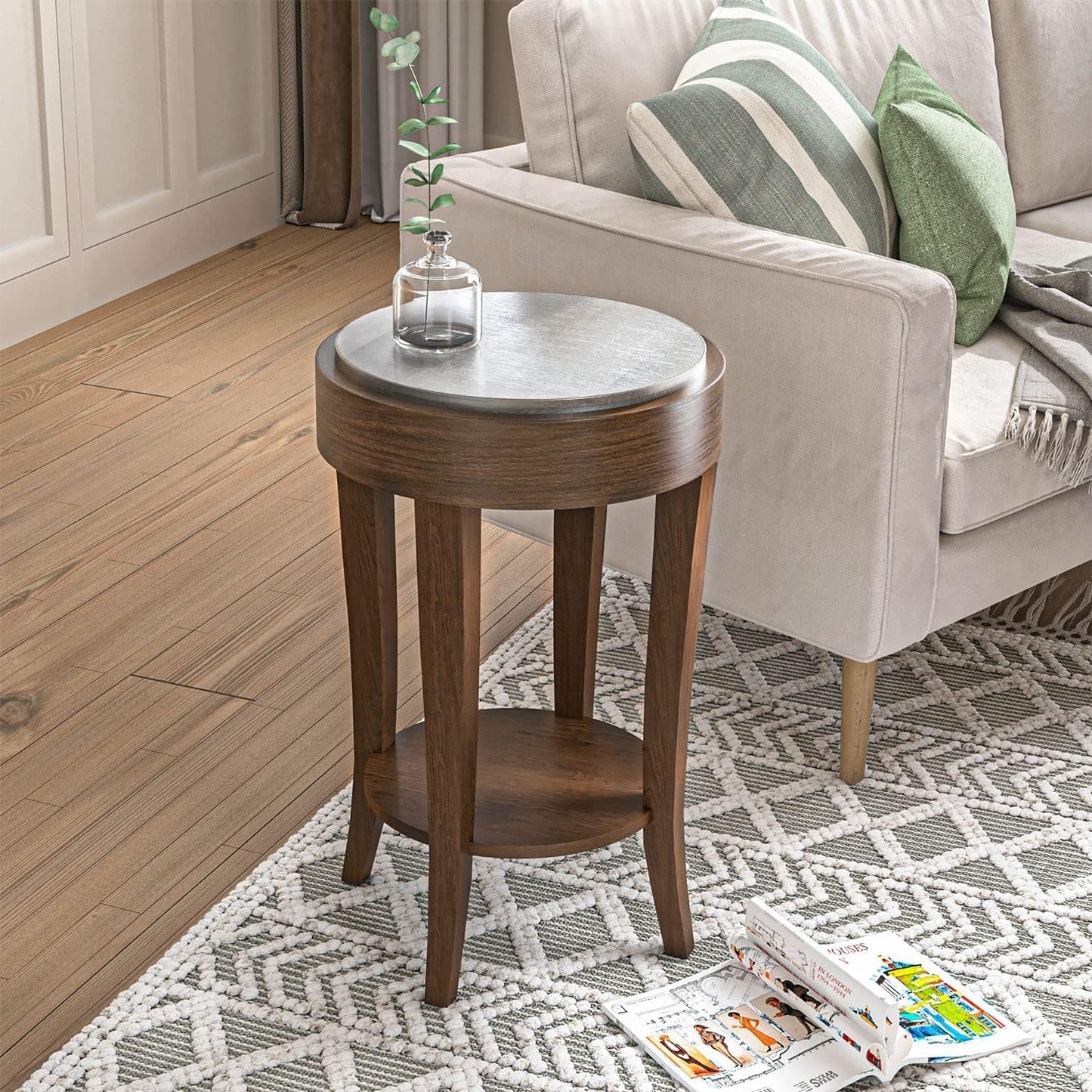 COSIEST Set of 2 Farmhouse Round End Table, 2-Tier Classic Brown Side Table, Wood Accent Table with Storage Shelf for Living Room, Bedroom, Office, Distressed Glaze Finish (Brown & Silver)