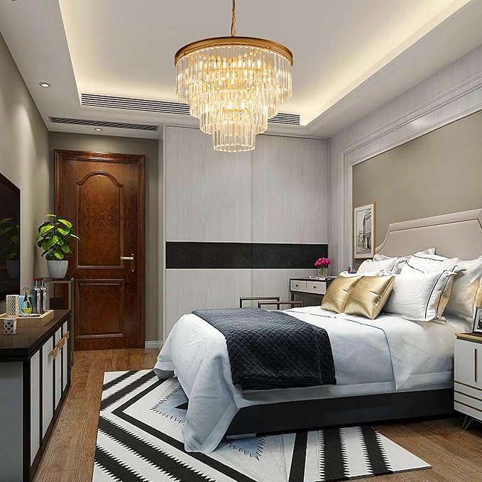 Gold Crystal Chandelier 10-Lights 22.9" Crystal Pendant Lights 4-Tier Luxury K9 Ceiling Hanging Dining Room Light Fixture for Hallway Living Room Bedroom Kitchen Island Entryway Stairway Office