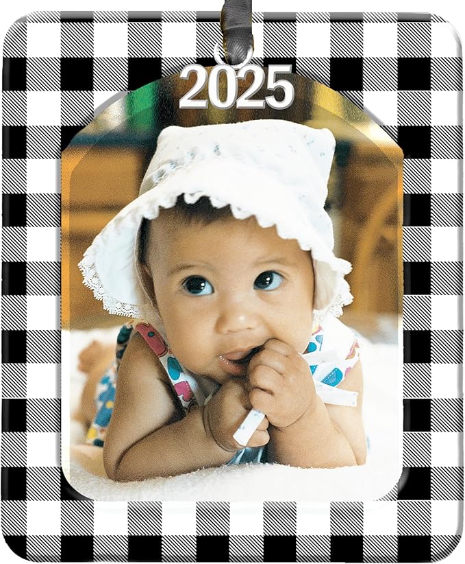 2025 Photo Ornaments for Christmas Tree, Classic Black and White Buffalo Plaid Christmas Frame Ornament, Easy-Load Magnetic Design, with Satin Ribbon, Silver Charm Plus Photo Protector, Vertical