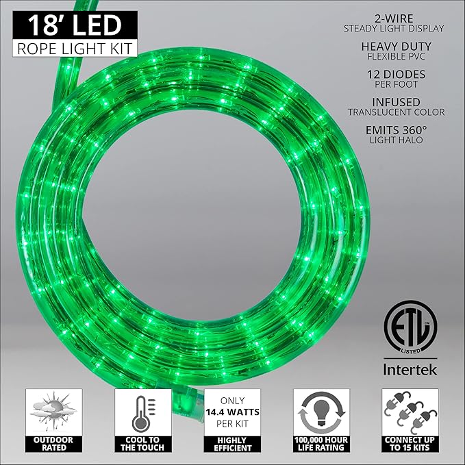 Wintergreen Lighting 18' LED Green Rope Light, Flexible Rope String Light Outdoor – Bedroom LED Light Rope, 120V, ½ Inch, 2-Wire – Rope Light Clips and Power Cord Included