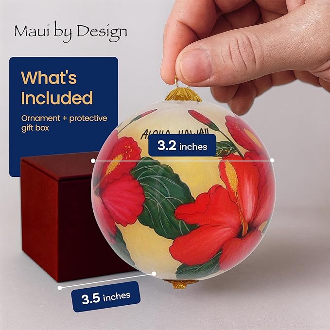 Collectible Hawaii Christmas Ornament Hibiscus Hand Painted from Inside The Glass, with Protective Gift Box, RH/H