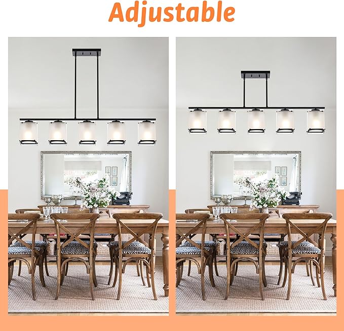 5-Light Blcak Chandeliers for Dining Room, Modern Kitchen Island Lighting with Frosted Glass Shade Linear Pendant Lighting for Dining Table Kitchen Island, Adjustable Height