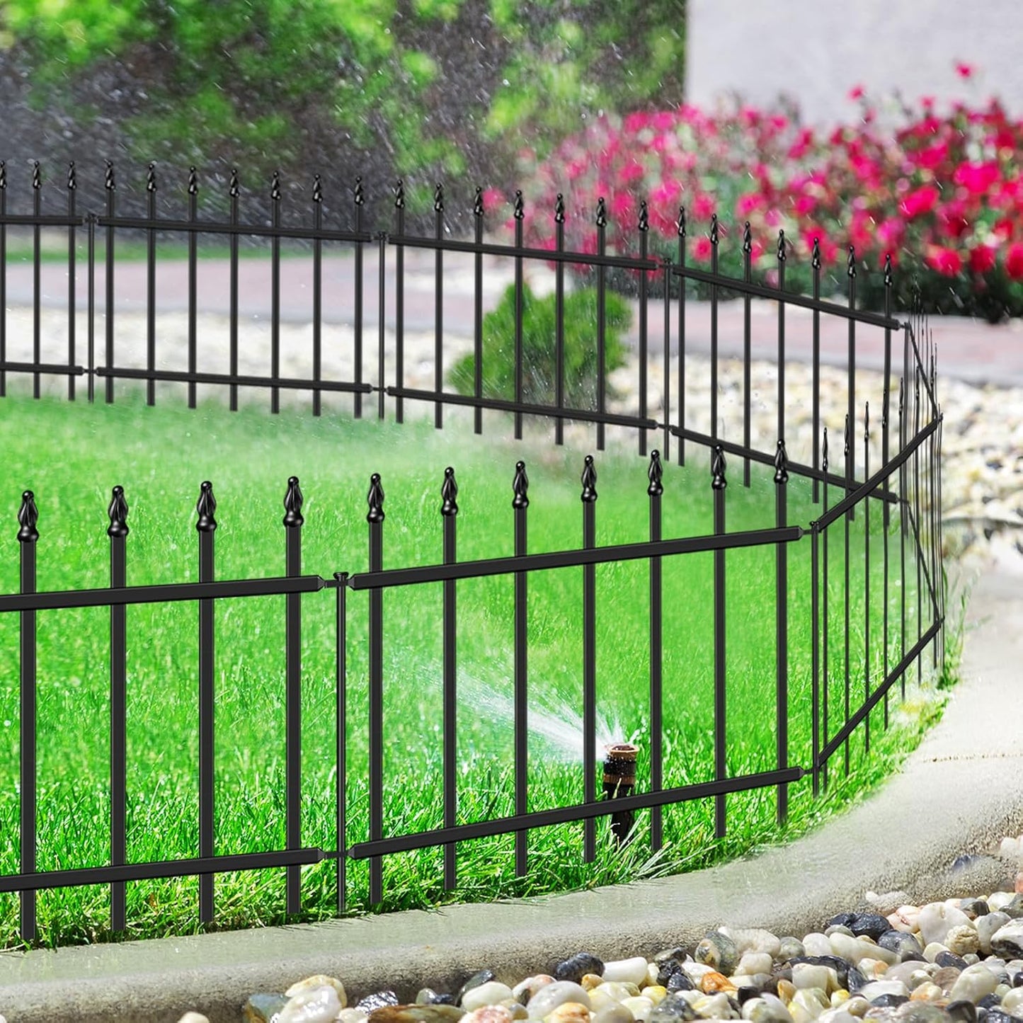 Decorative Metal Garden Fence 18 in H x 20 ft L, Small Border Fence Roman Column Deco, Garden Fencing for Yard Flower Bed Lawn Landscape Outdoor, 10 Panels + 11 Stakes Black
