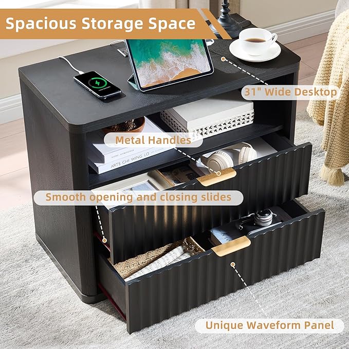 LEYAOYAO 31" Wide Fluted Night Stand Set of 2 with Charging Station, Oversized Extra Large 2 Drawers Nightstand,Black Wood Bedside Table,Tall End Tables,Modern Chest of Drawers Dressers for Bedroom