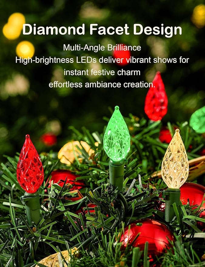 BOHON Red White and Green Christmas Lights Outdoor, Faceted C6 50ft 100 LED String Lights Plug in, Extendable Green Wire Christmas String Lights for Indoor Patio Xmas Tree Decoration
