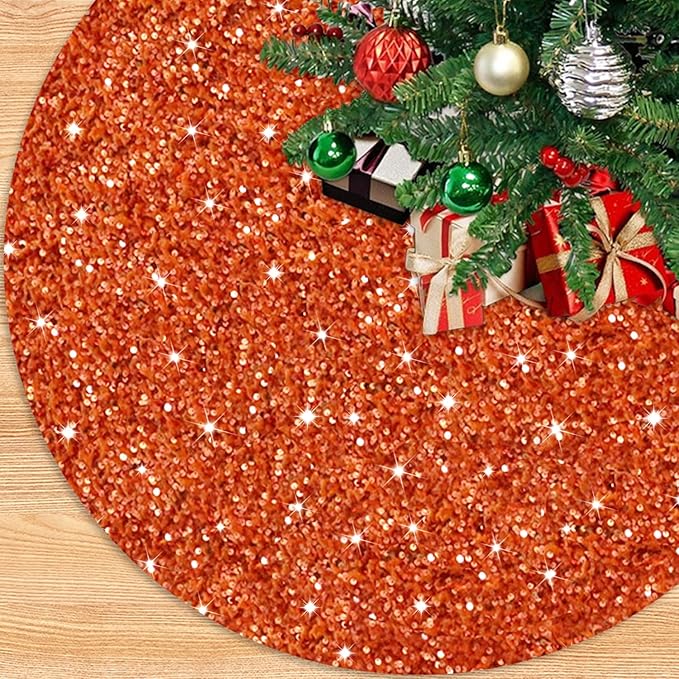 Orange Tree Skirt Large Christmas 48 Inches Tree Skirt Fall Velvet Tree Skirts Burnt Orange Glitter Sequin Christmas Tree Skirt Kit Xmas Tree Base Collar for Thanksgiving Ornaments