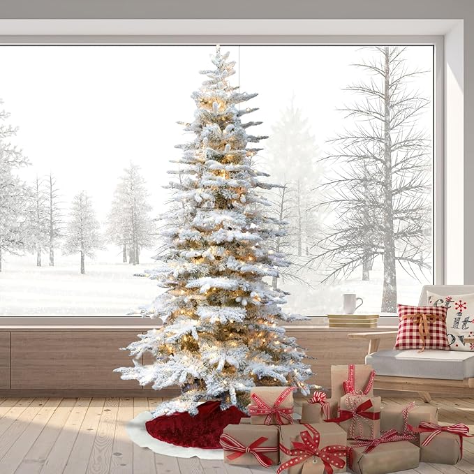 Fraser Hill Farm Pine Valley Flocked Christmas Tree, 9 Feet Tall, Snowy Tree Includes Warm White LED Lights with Easy to Connect and Set up Features, Perfect Holiday and Xmas Décor