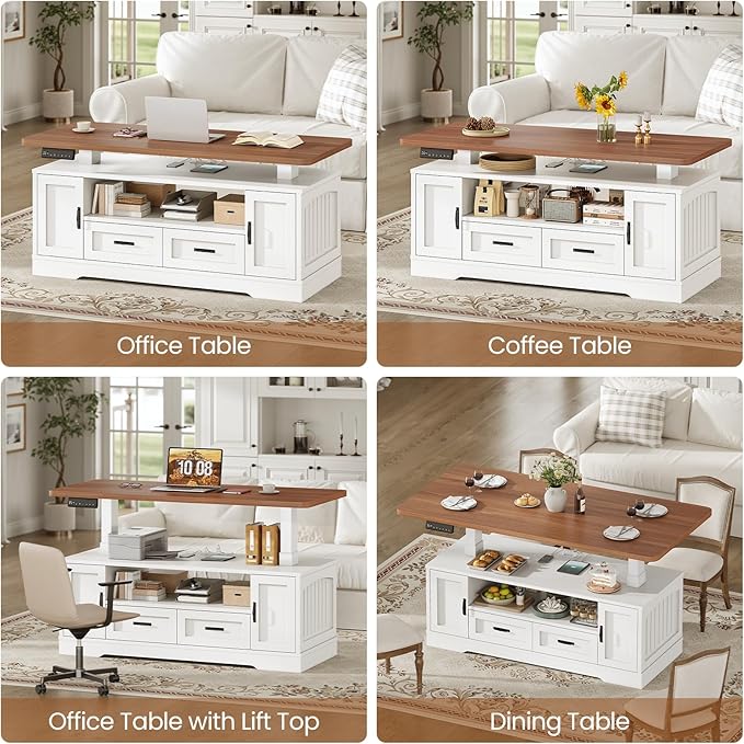 SEDETA 47.2" Electric Standing Coffee Table with Storage, Farmhouse Lift Top Coffee Table with Drawers and Open Shelves, Height Adjustable Tables with Power Outlet, for Living Room, White