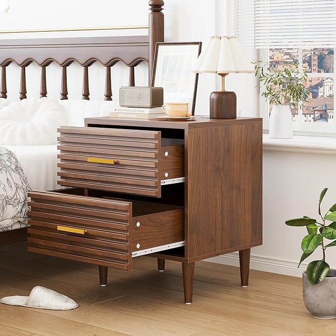 Alohappy Nightstand, Mid Century Modern Night Stands, Fluted Bedside Table for Bedroom, End Table with Storage Drawers, Vintage Bed Side Table Wood Accent Table for Living Room, Brown 1pc