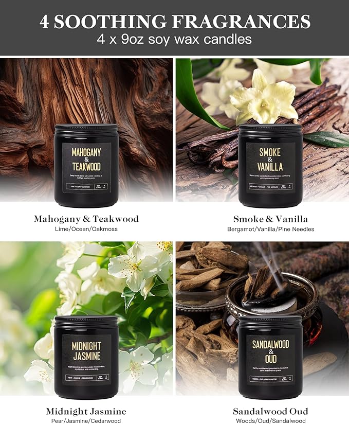 Crackling Wood Wick Candles for Men: 4 Pack 36oz Soy Scented Candles for Home Scented, Up to 200H Burning, Masculine Mens Candle Set, Aromatherapy Candle Gift Set for Fathers Birthday Christmas Gifts