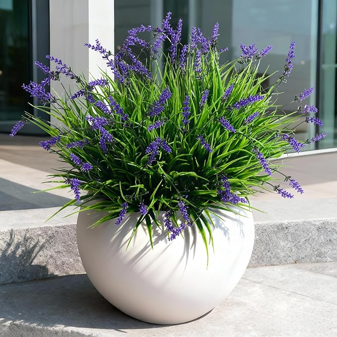 12 Bundles Artificial Lavender Flowers Faux Plants for Outdoor Fake Monkey Grass with Flowers Realistic Faux Greenery Shrubs for Porch Planters Patio Garden Window Boxes Pathway Decor (Purple)