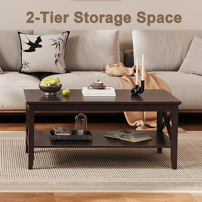 ChooChoo Coffee Table with Thicker Legs, Brown Wood Coffee Table with Storage for Living Room, 47 inch