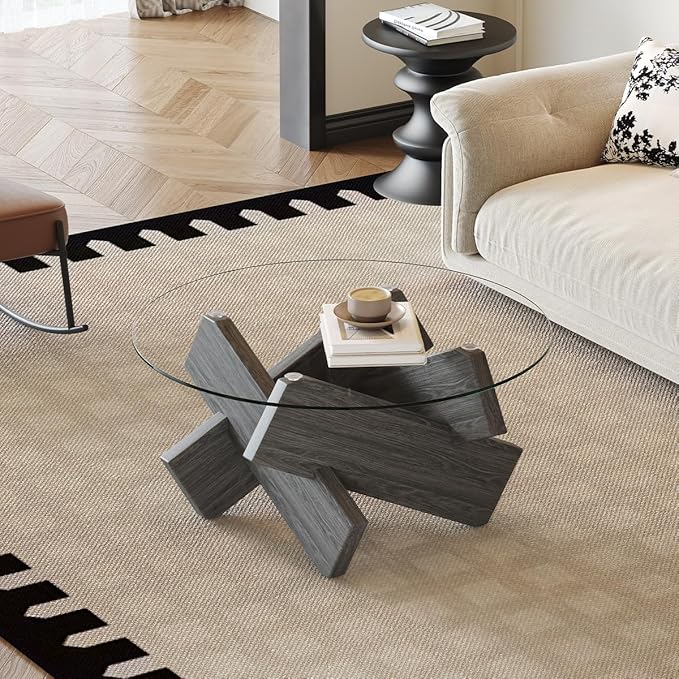 Gray Round Glass Coffee Table,33-Inch Coffee Tables for Living Room Clear Circle Accent Table Adapts to Farmhouse and Contemporary Decor
