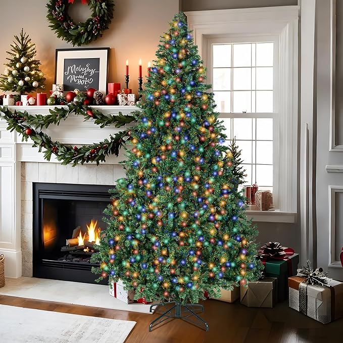 8FT Christmas Tree with Lights,Artificial Christmas Tree with 750 LED Lights and 2168 Branch Tips,Xmas Tree with Foldable Stand Perfect for Indoor&Outdoor,Christmas Decoration for Party by DNKMOR